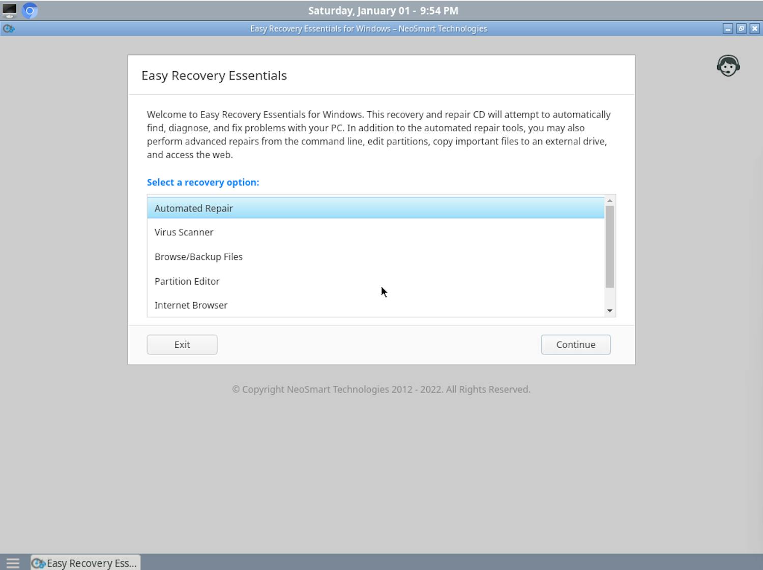 EasyRE: Når din pc starter fra USB-nøglen med EasyRE, kommer du ind til denne menu, hvor du skal vælge Automated Repair for at reparere din computer.